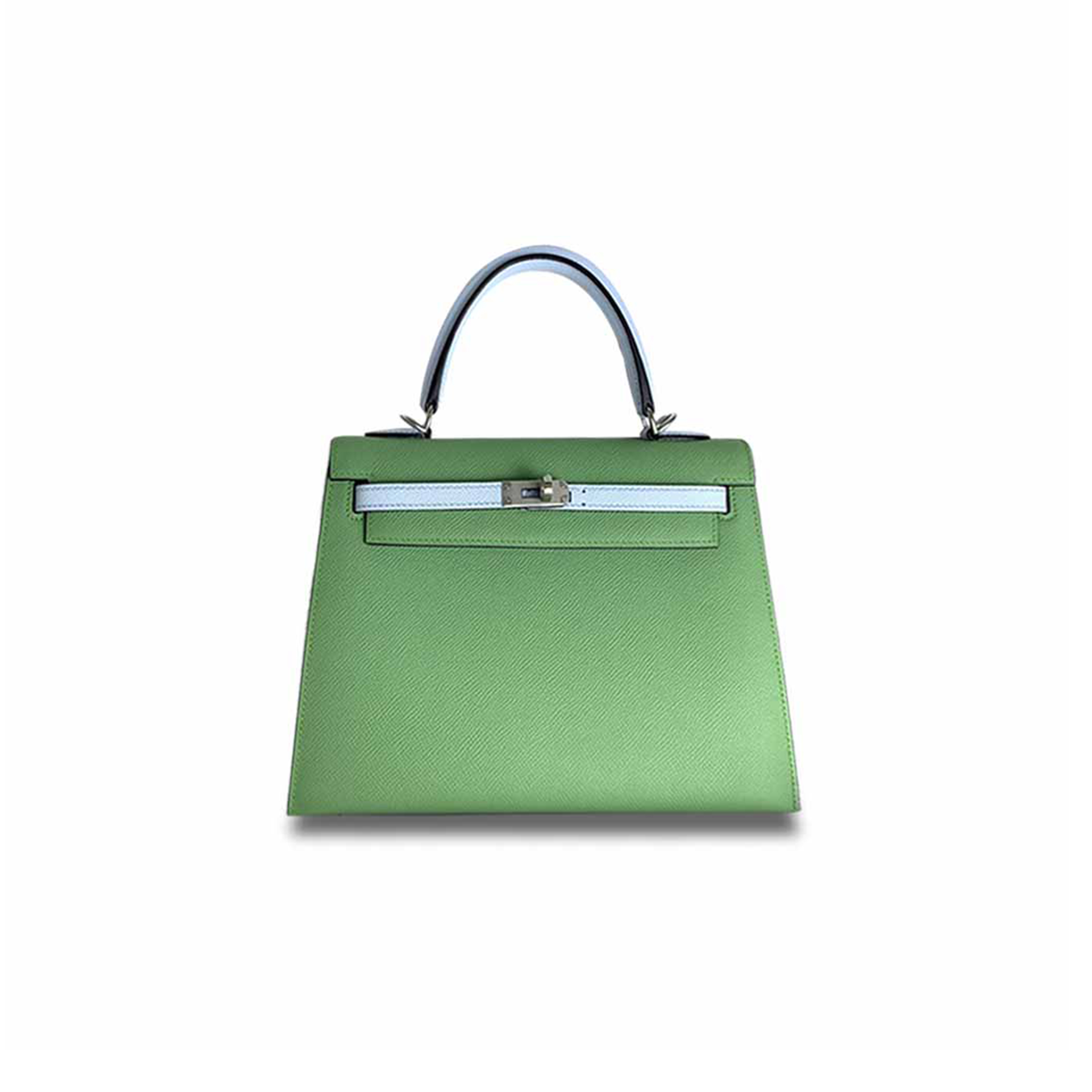 H**mes kelly 25 epsom leather avocado green and haze blue silver buckle (25*17*7cm)